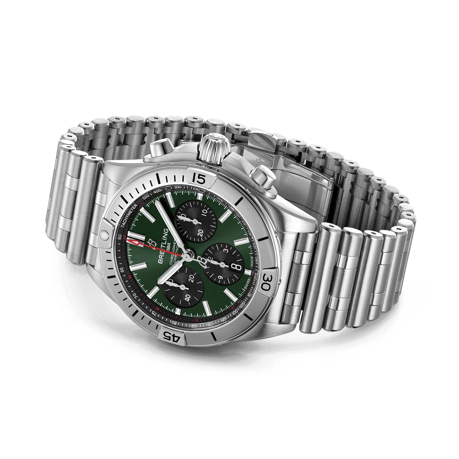 The Breitling Chronomat B01 42 is a stainless steel chronograph watch with a green dial, three black subdials, a rotating bezel, Rouleaux bracelet, and is powered by the Breitling 01 calibre.