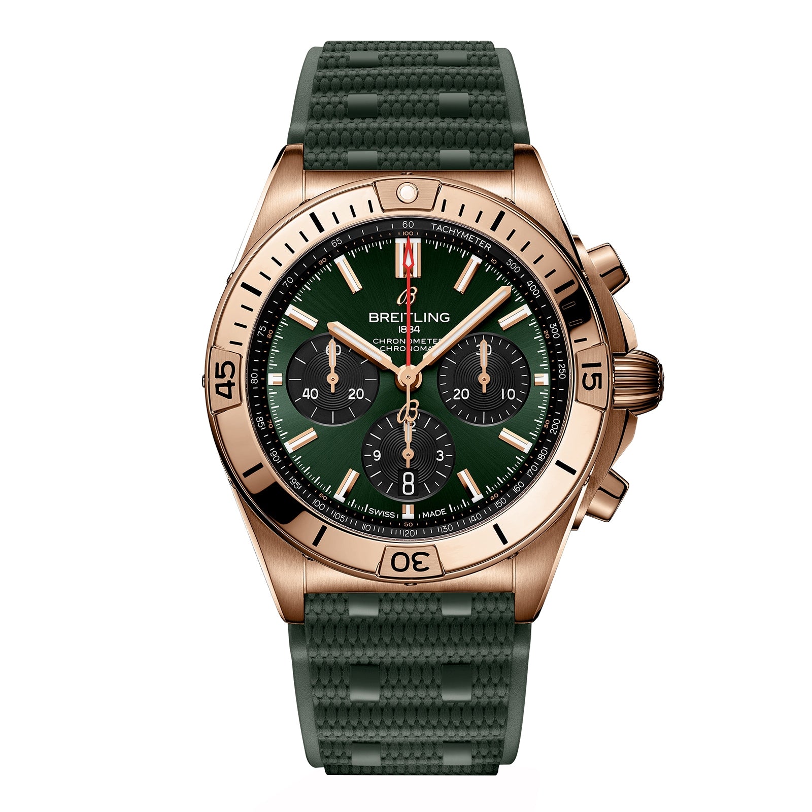 The Breitling Chronomat B01 42 chronograph watch in red gold features a green dial with three subdials and a rugged green textured rubber strap, shown on a white background, powered by the Breitling 01 calibre.