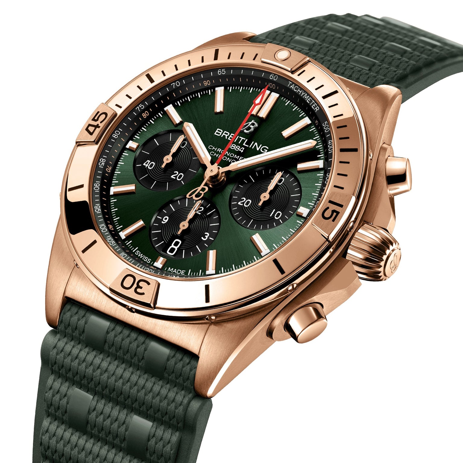 The Breitling Chronomat B01 42 boasts a green dial, red gold case, three subdials, date display, textured green rubber strap, and is powered by the acclaimed Breitling 01 calibre.