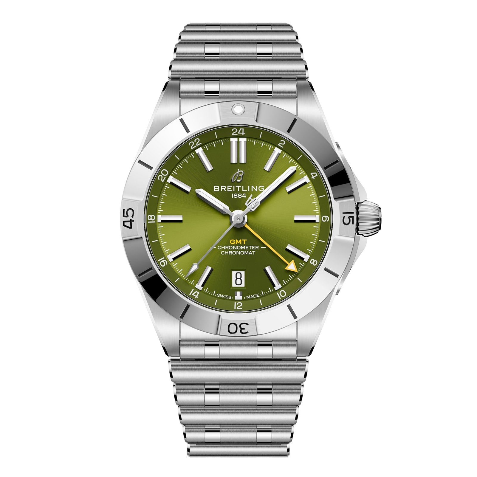 The Breitling Chronomat Automatic GMT 40 Giannis Antetokounmpo features a stainless steel case, green dial, silver hour markers, date at 6 o’clock, and a metal link bracelet.