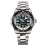 The Breitling Superocean Automatic 46 Super Diver features a stainless steel case, black and silver bezel, skeleton dial, luminous hands, and a metal bracelet, shown against a white background.