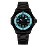 The Breitling Superocean Automatic 46 Super Diver is a black wristwatch with a blue illuminated dial, black hands, rotating bezel, metal link strap, and durable titanium case—ideal for any adventure.