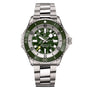 The Breitling Superocean Automatic 46 Super Diver features a stainless steel case, green camouflage-patterned dial, white hour markers, and a matching steel bracelet.