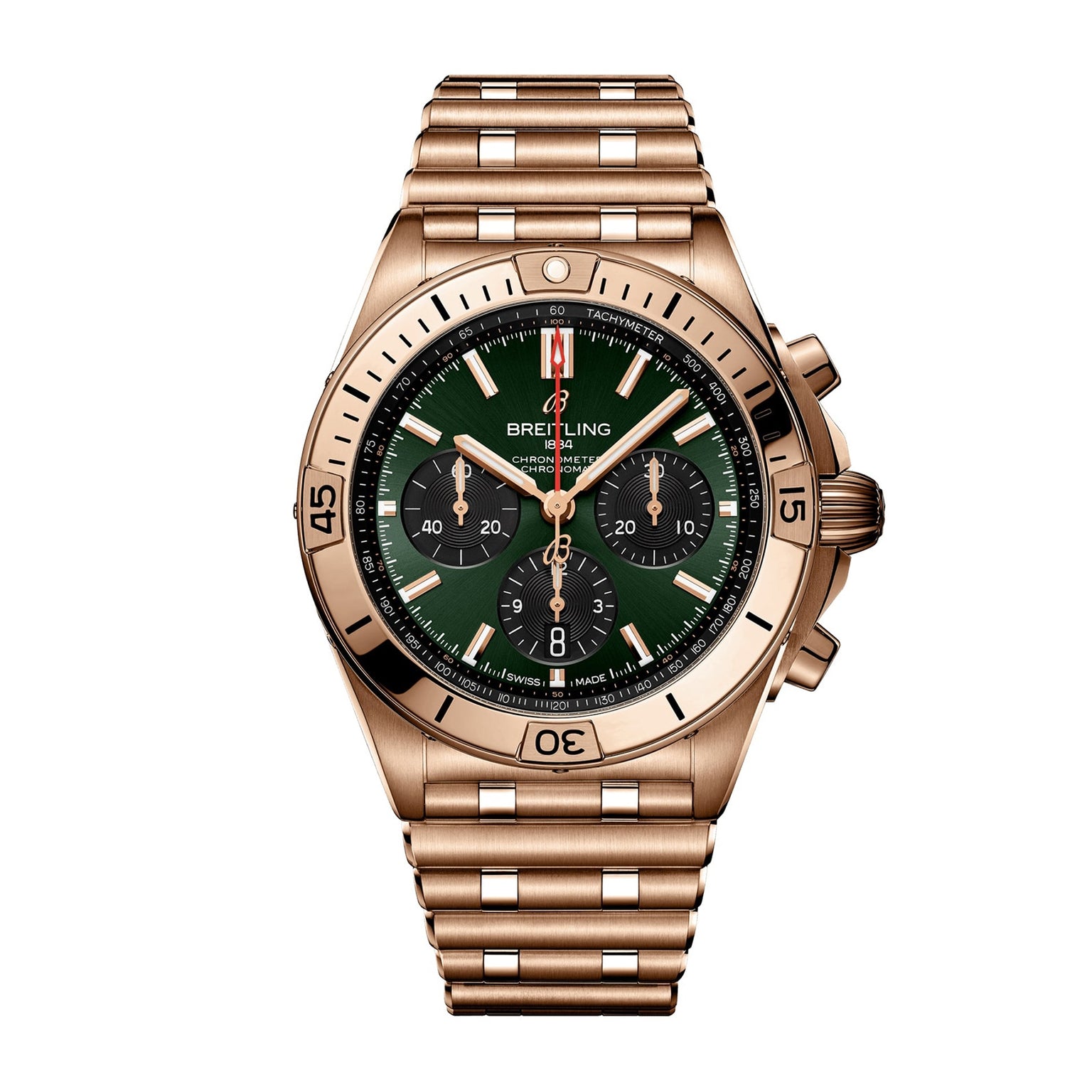 Breitling Chronomat B01 42 wristwatch in gold-tone with a green dial, three subdials, mechanical chronograph, date window at 6 o’clock, and metal link bracelet.