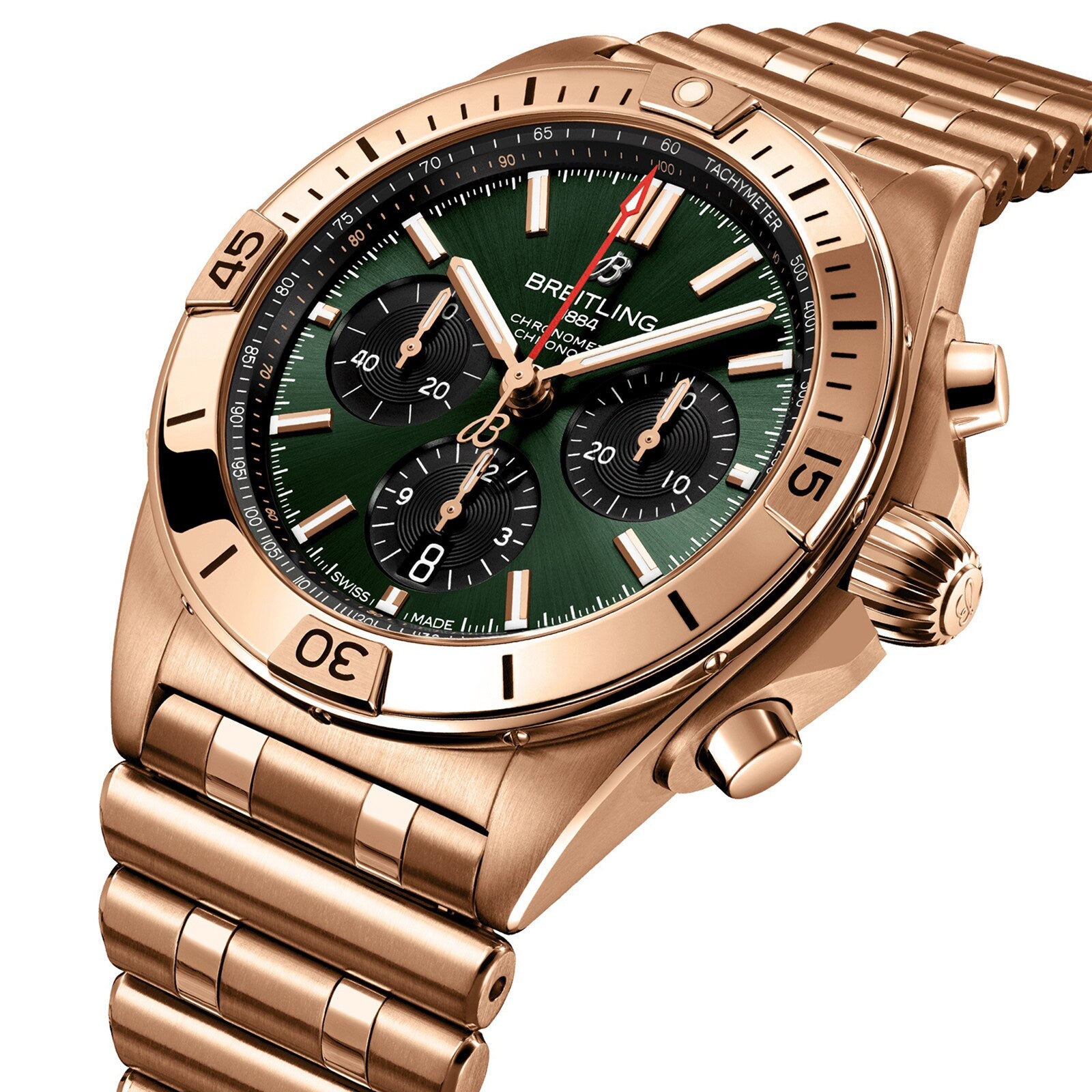 The Breitling Chronomat B01 42 is a gold mechanical chronograph wristwatch with a green dial, three black subdials, and a matching gold metal bracelet.