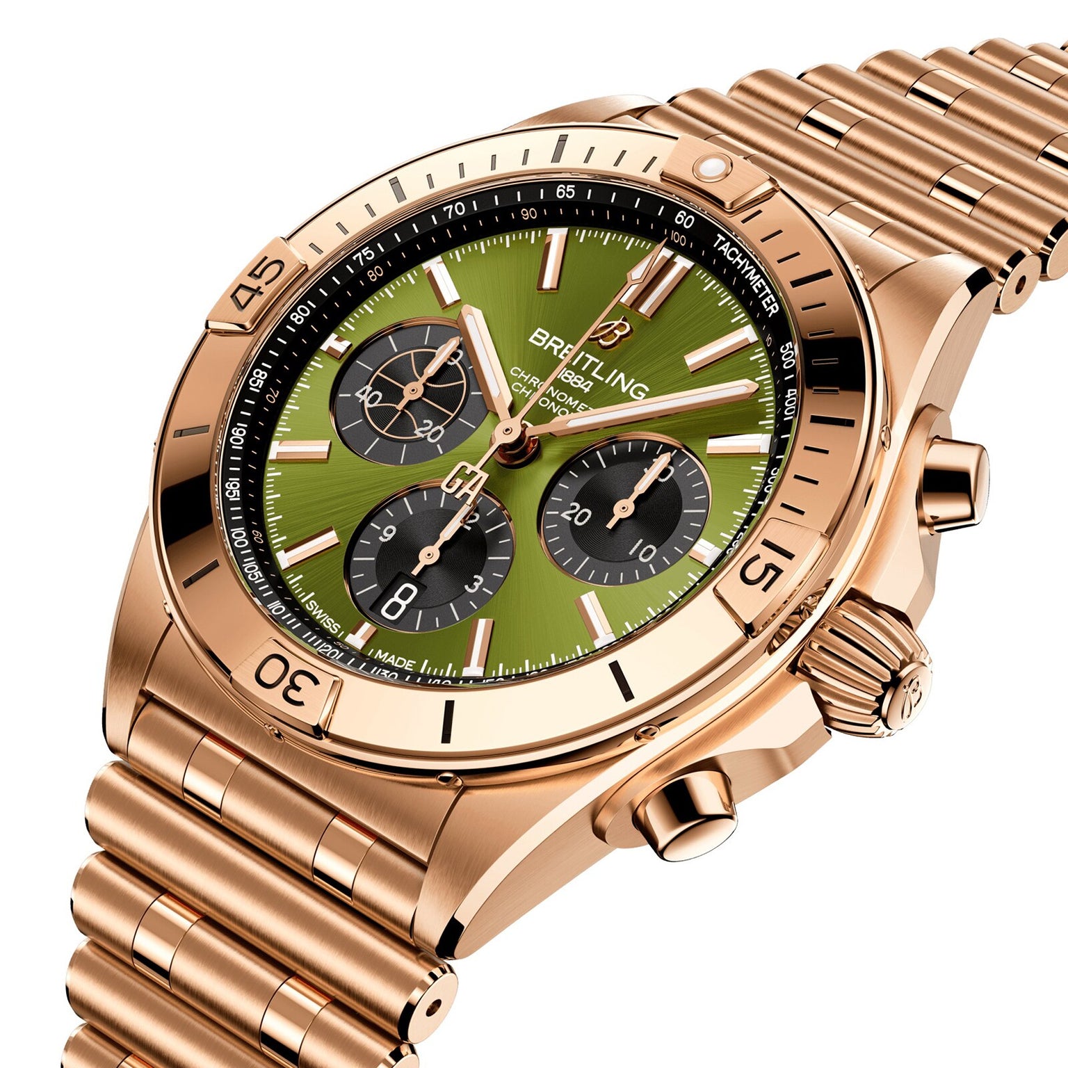 The Breitling Chronomat B01 42 Giannis Antetokounmpo is a limited edition gold chronograph wristwatch with a green dial, three subdials, date display, and link bracelet, displayed at an angle on a white background.