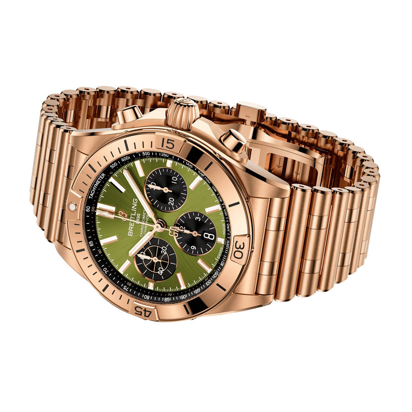 The Breitling Chronomat B01 42 Giannis Antetokounmpo is a limited edition gold-tone chronograph with a green dial, three subdials, date display, and matching gold bracelet—crafted in tribute to Giannis Antetokounmpo.