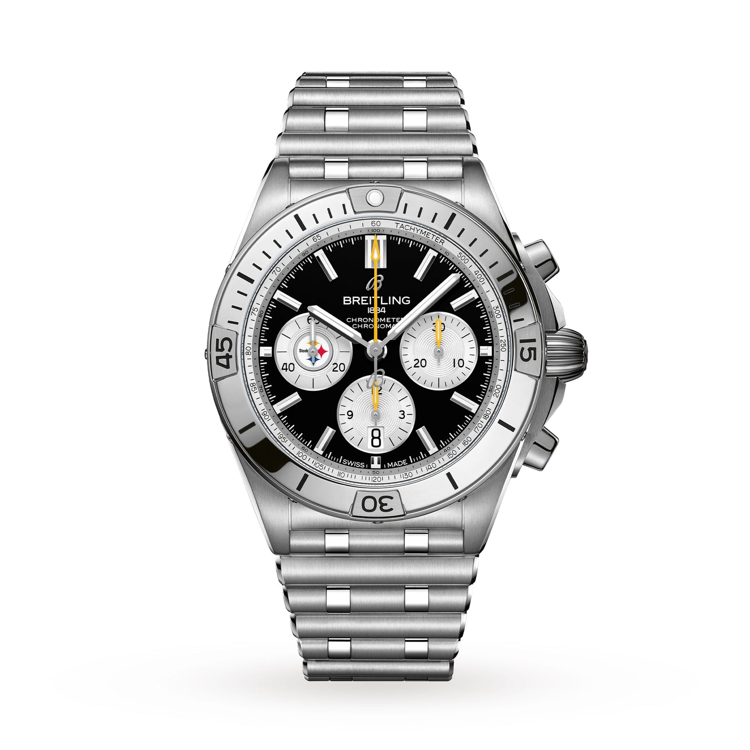 The Breitling Chronomat B01 42 NFL Pittsburgh Steelers Edition is a stainless steel chronograph with a black dial, three subdials, and a metal bracelet.