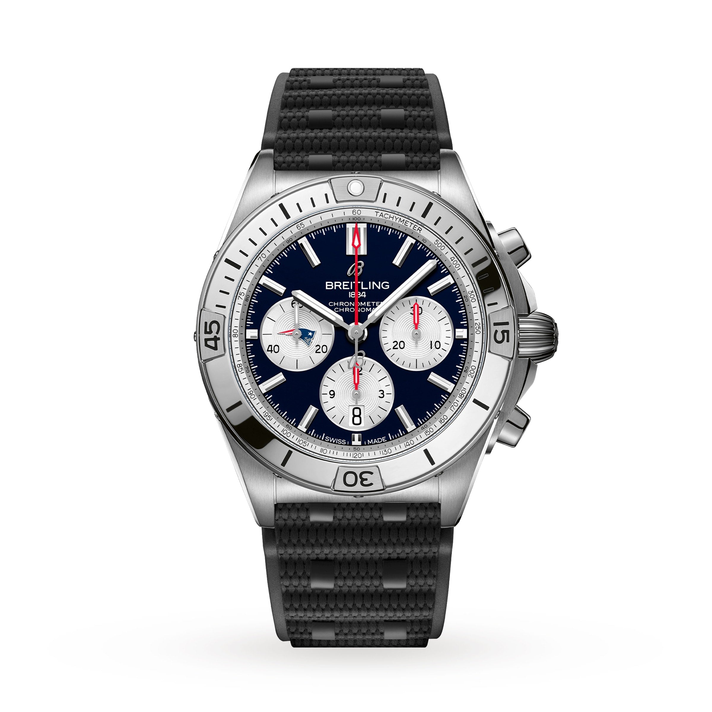 A Breitling Chronomat B01 42 NFL New England Patriots Edition chronograph watch with a silver case, black strap, and blue dial featuring three subdials.