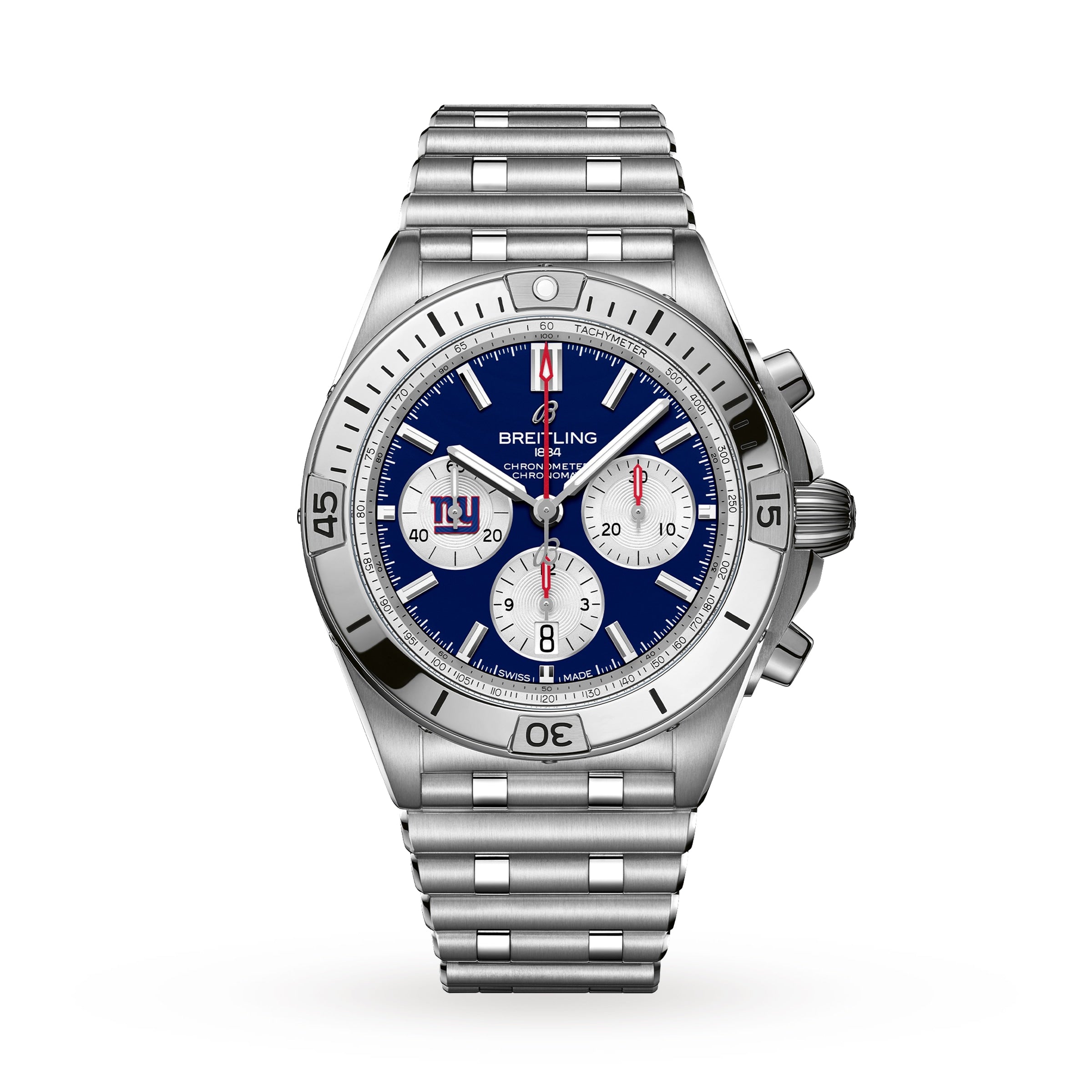 The Breitling Chronomat B01 42 NFL New York Giants Edition is a stainless steel chronograph watch featuring a blue dial and silver bracelet.