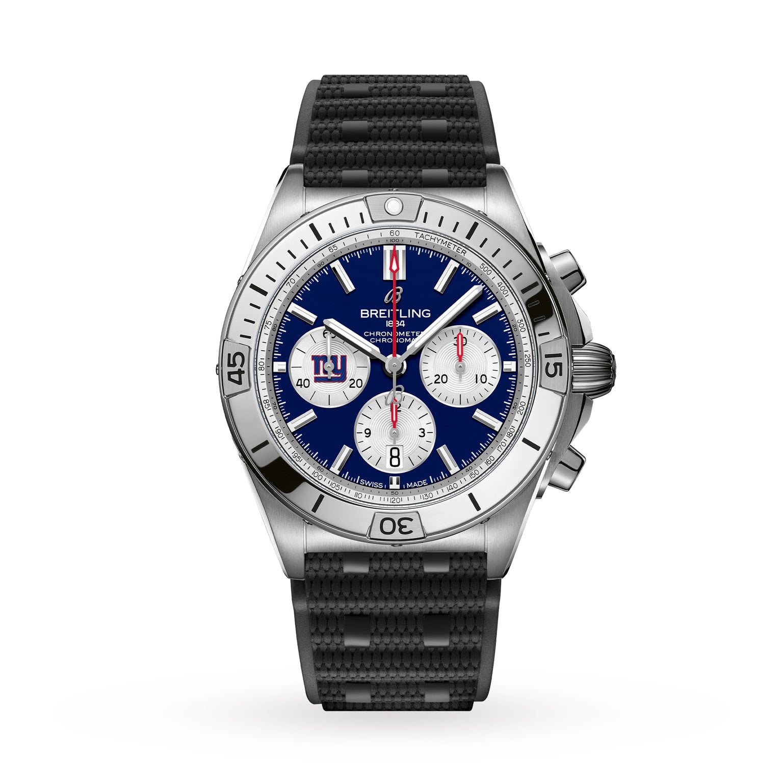 The Breitling Chronomat B01 42 NFL New York Giants Edition is a stainless steel chronograph watch featuring a blue dial and black textured strap.