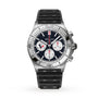 The Breitling Chronomat B01 42 NFL Houston Texans Edition is a silver chronograph with a black face, three subdials, and a textured black rubber strap.