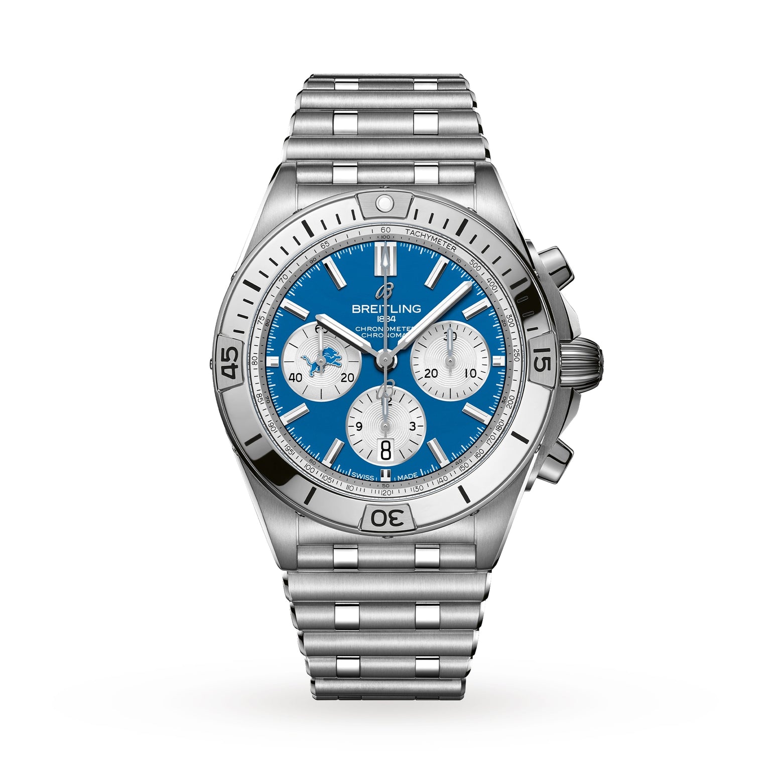 The Breitling Chronomat B01 42 NFL Detroit Lions Edition features a silver case, blue dial with three white subdials, and a metal link bracelet.