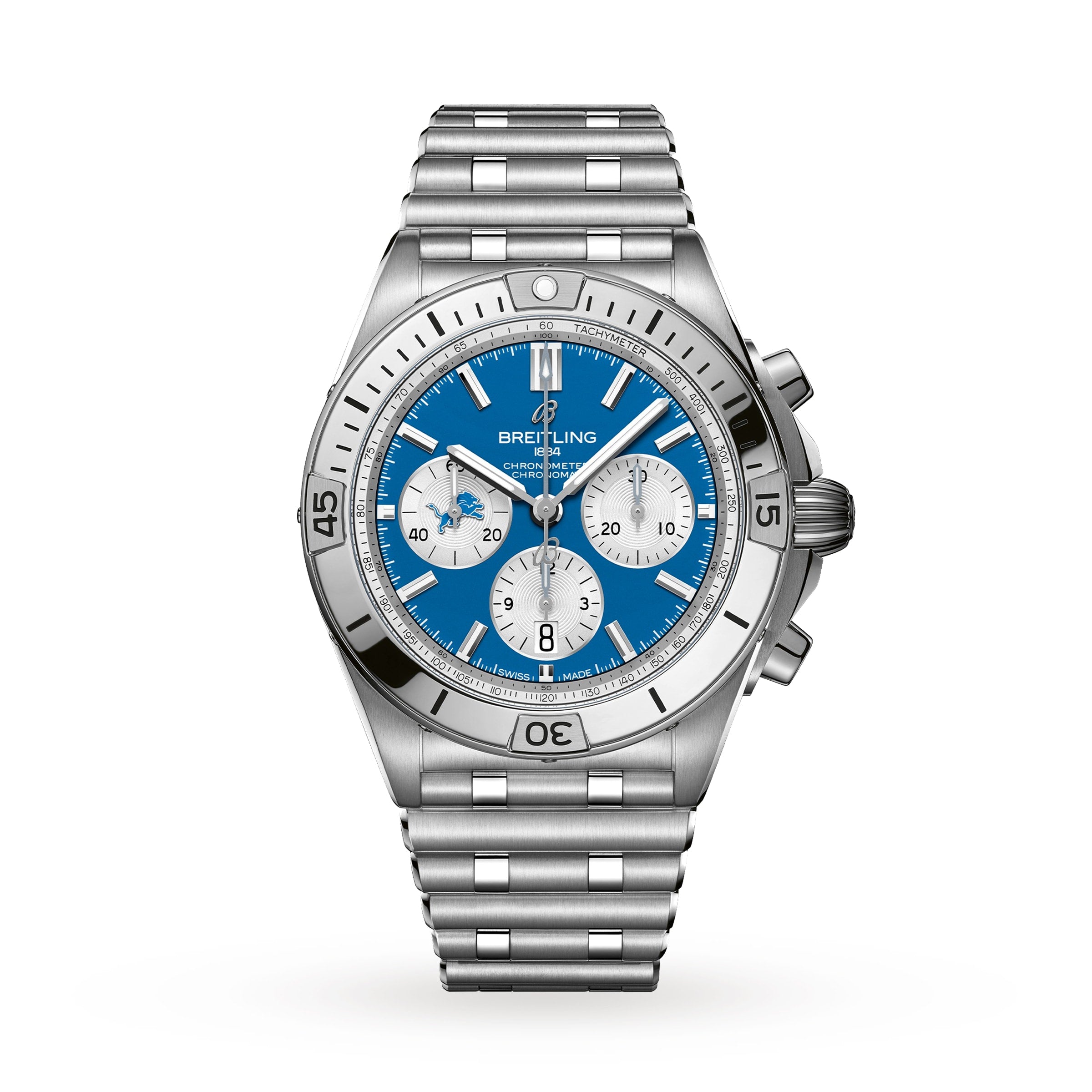 The Breitling Chronomat B01 42 NFL Detroit Lions Edition features a silver case, blue dial with three white subdials, and a metal link bracelet.