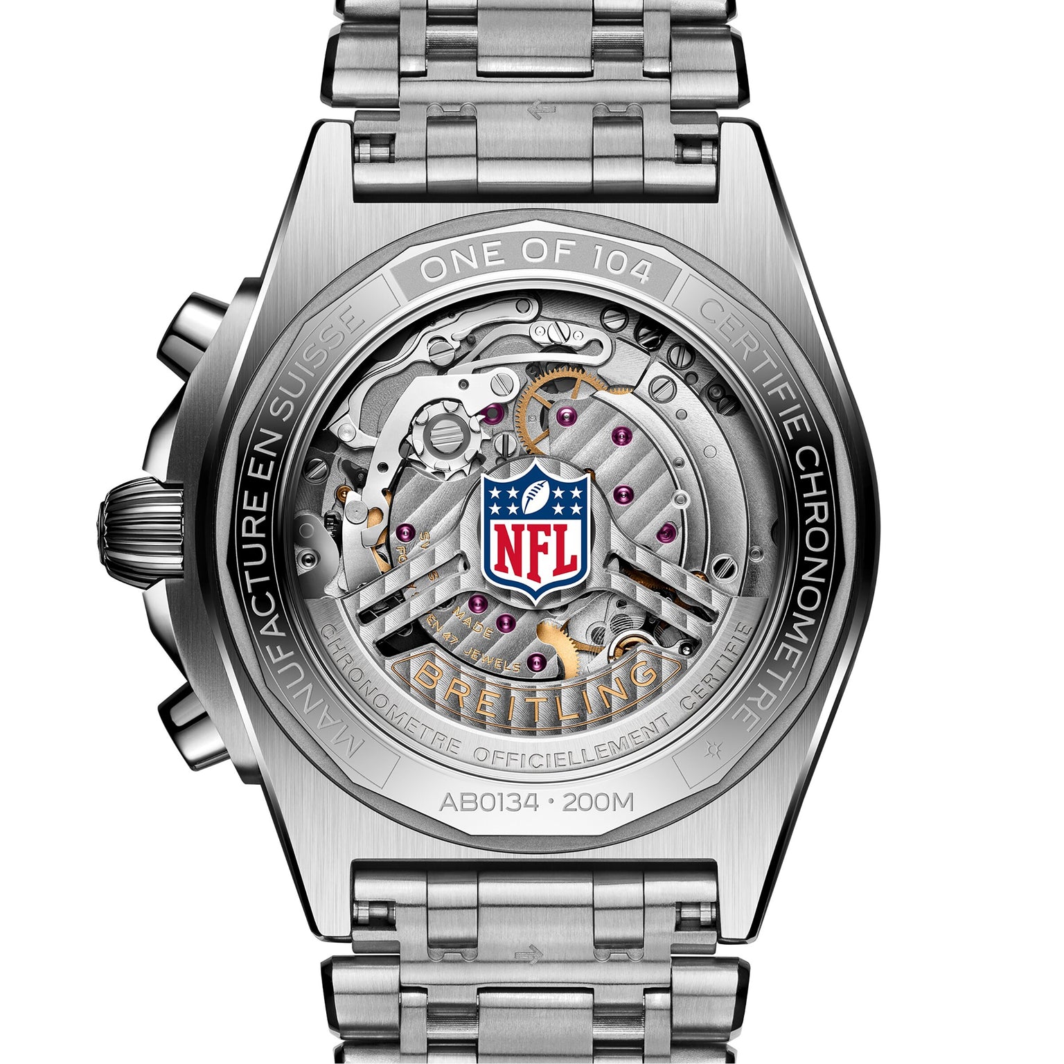 The Breitling Chronomat B01 42 NFL Detroit Lions Edition features a luxury watch back with an exposed movement and the NFL logo on its glass case back.