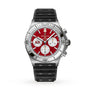 The Breitling Chronomat B01 42 NFL San Francisco 49ers Edition features a silver case, red dial, black strap, and three white subdials.