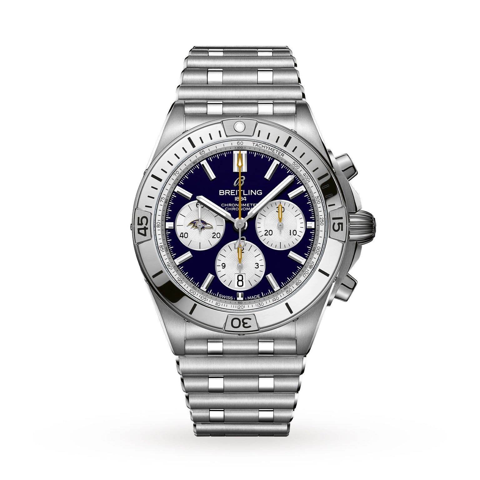 Breitling Chronomat B01 42 NFL Baltimore Ravens Edition: a silver chronograph watch featuring a blue dial, three subdials, and a stainless steel bracelet.