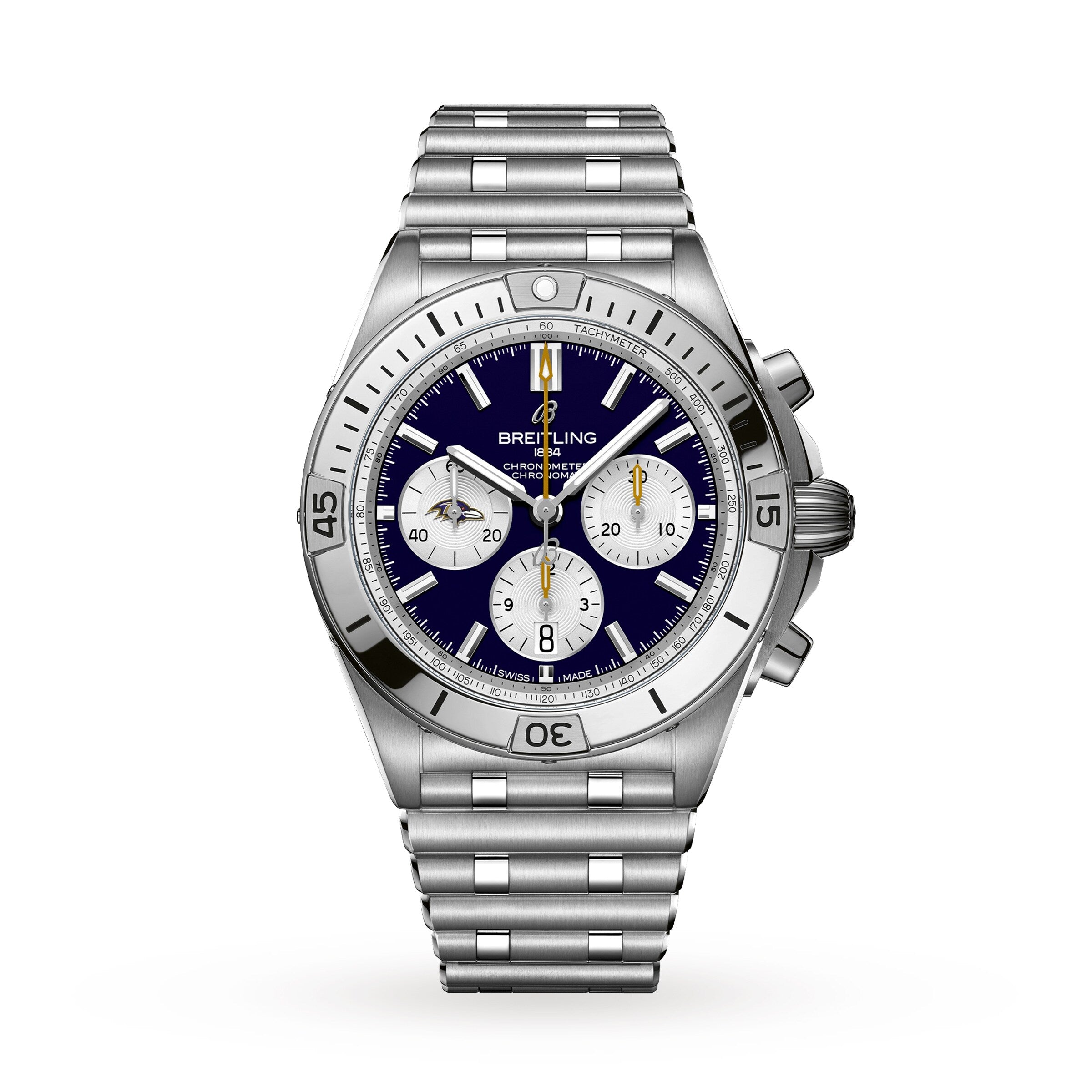 Breitling Chronomat B01 42 NFL Baltimore Ravens Edition: a silver chronograph watch featuring a blue dial, three subdials, and a stainless steel bracelet.