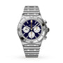 Breitling Chronomat B01 42 NFL Baltimore Ravens Edition: a silver chronograph watch featuring a blue dial, three subdials, and a stainless steel bracelet.