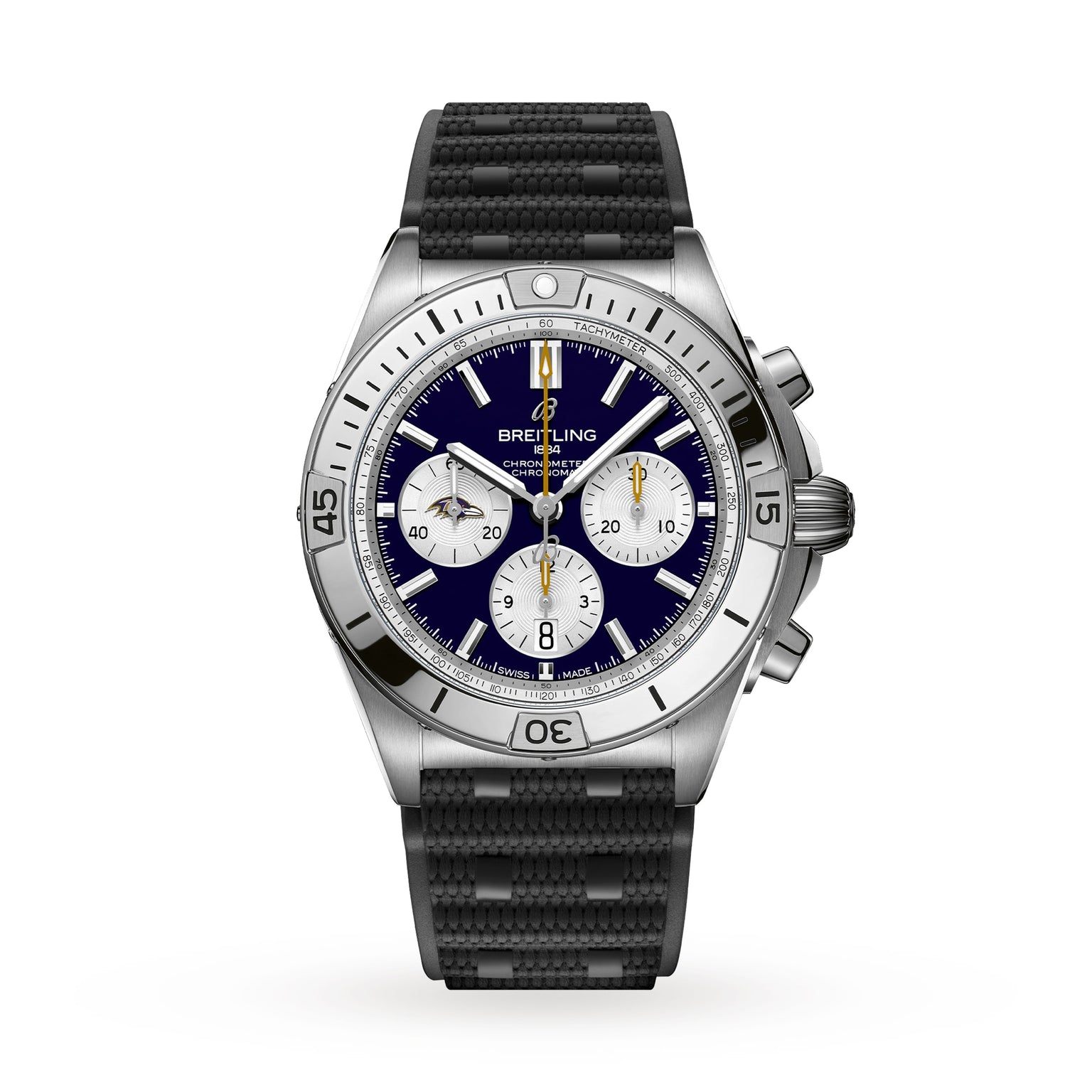 The Breitling Chronomat B01 42 NFL Baltimore Ravens Edition features a silver case, black textured strap, and blue dial with three white subdials.