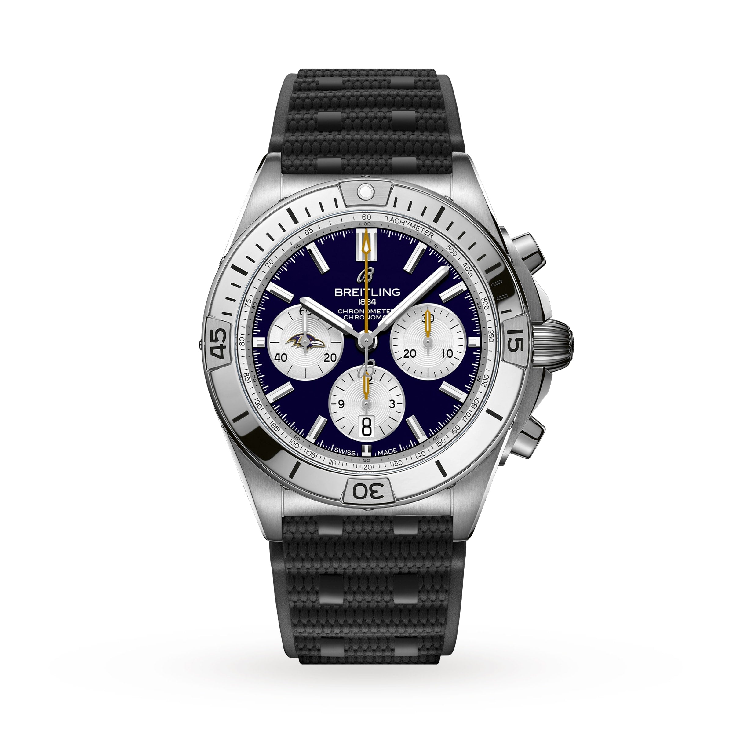 The Breitling Chronomat B01 42 NFL Baltimore Ravens Edition features a silver case, black textured strap, and blue dial with three white subdials.