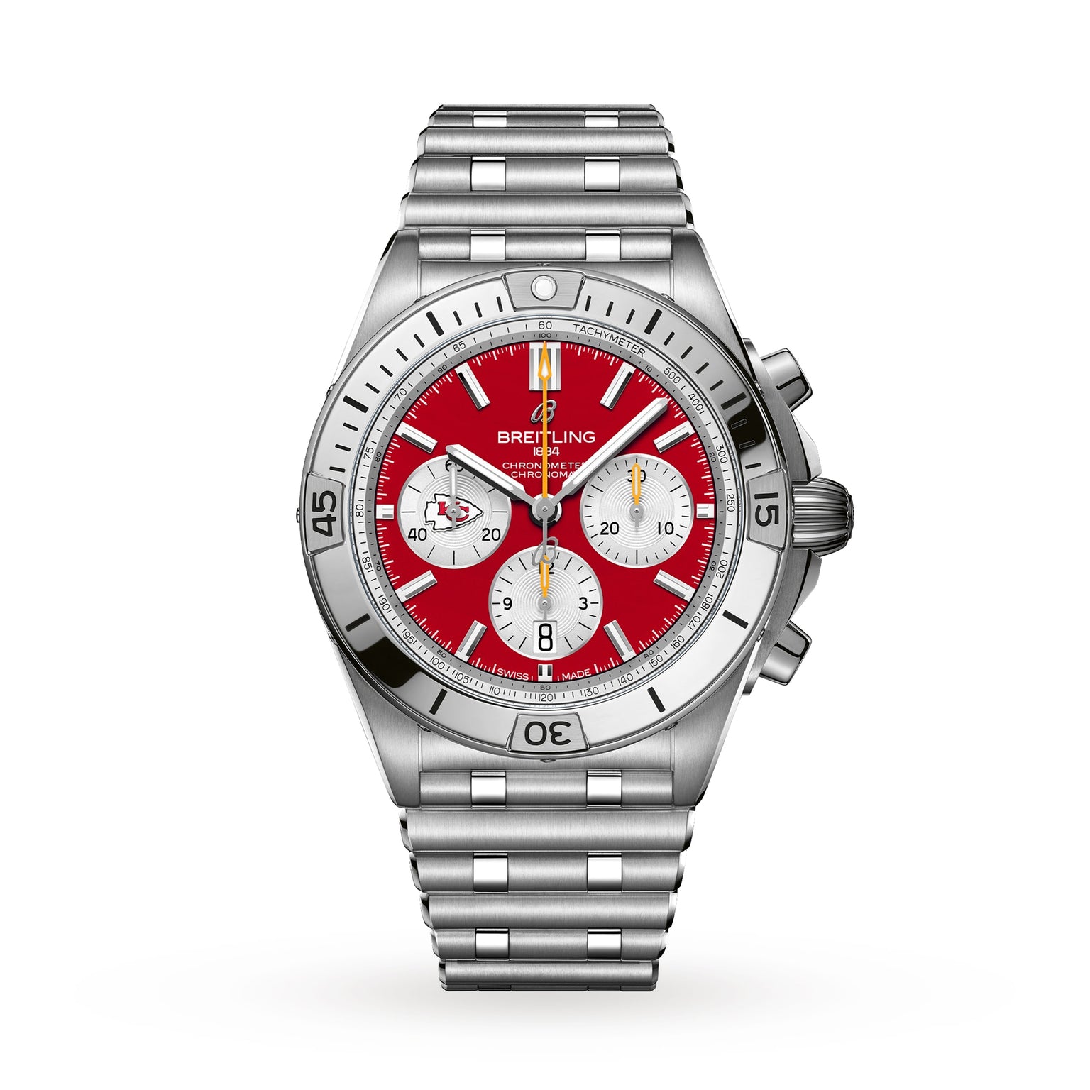 The Breitling Chronomat B01 42 NFL Kansas City Chiefs Edition features a red dial with three white subdials and comes on a silver metal link bracelet.