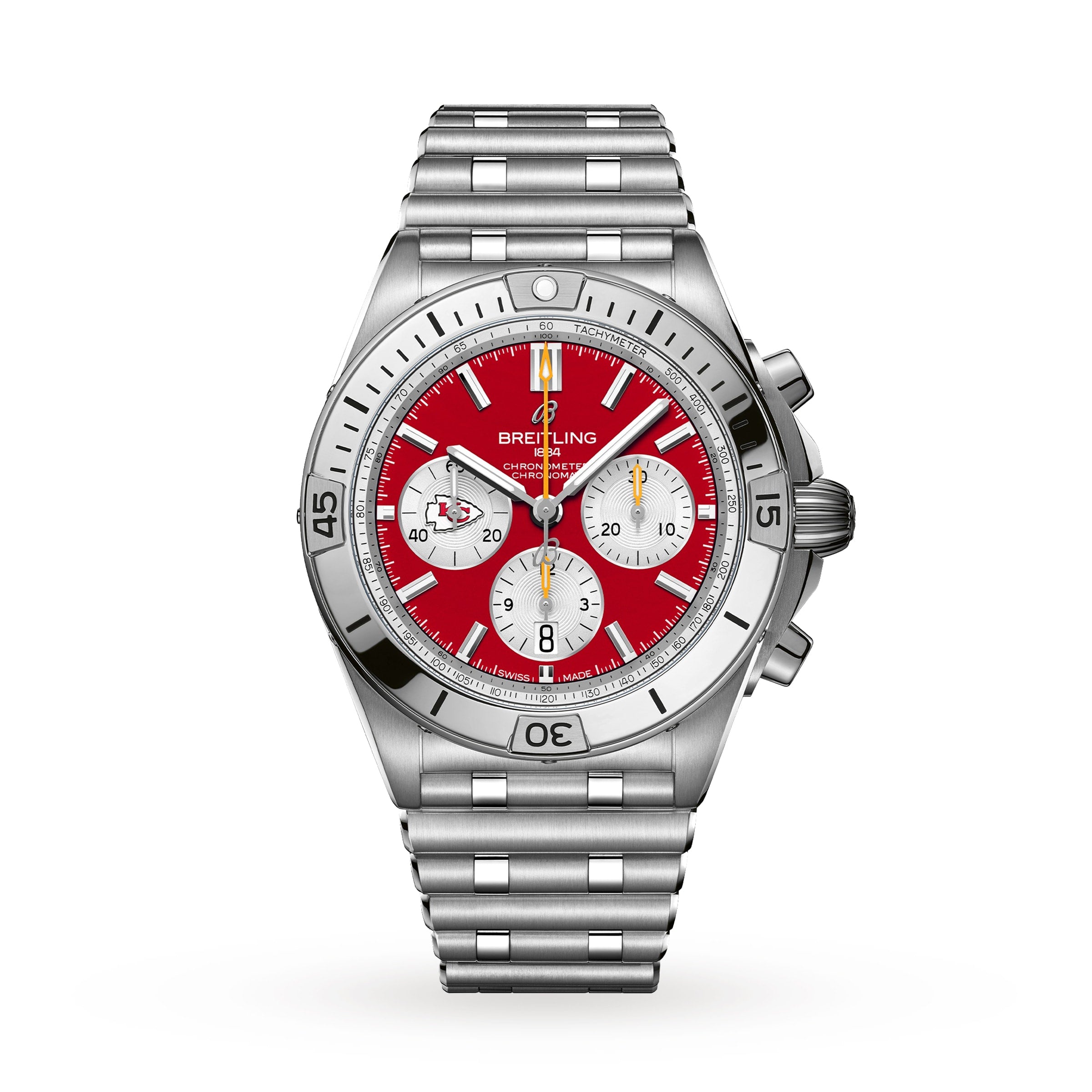 The Breitling Chronomat B01 42 NFL Kansas City Chiefs Edition features a red dial with three white subdials and comes on a silver metal link bracelet.