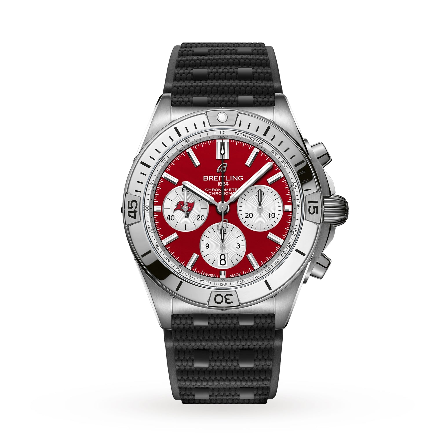 The Breitling Chronomat B01 42 NFL Tampa Bay Buccaneers Edition is a stainless steel chronograph watch featuring a red dial, three subdials, and a black textured strap.
