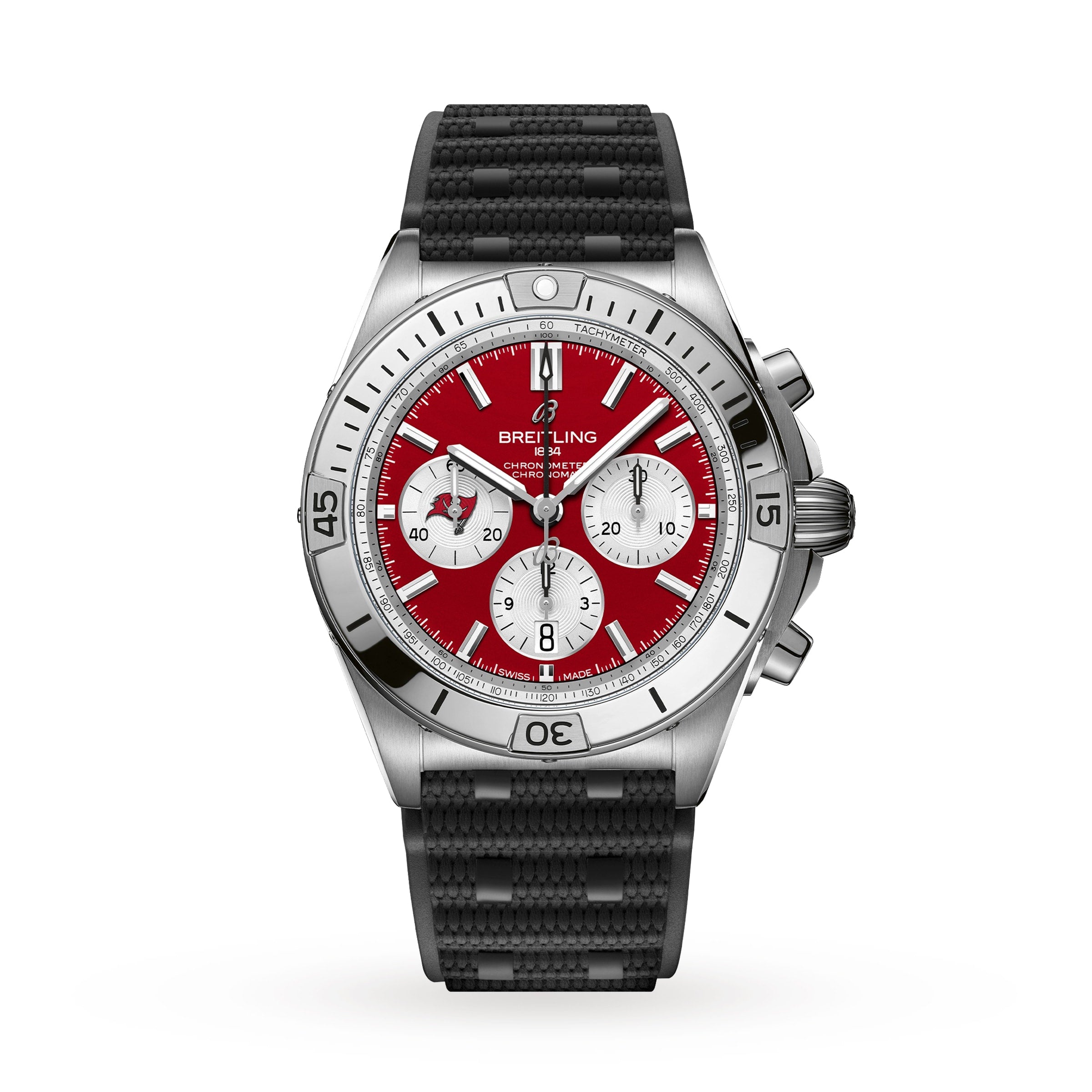 The Breitling Chronomat B01 42 NFL Tampa Bay Buccaneers Edition is a stainless steel chronograph watch featuring a red dial, three subdials, and a black textured strap.