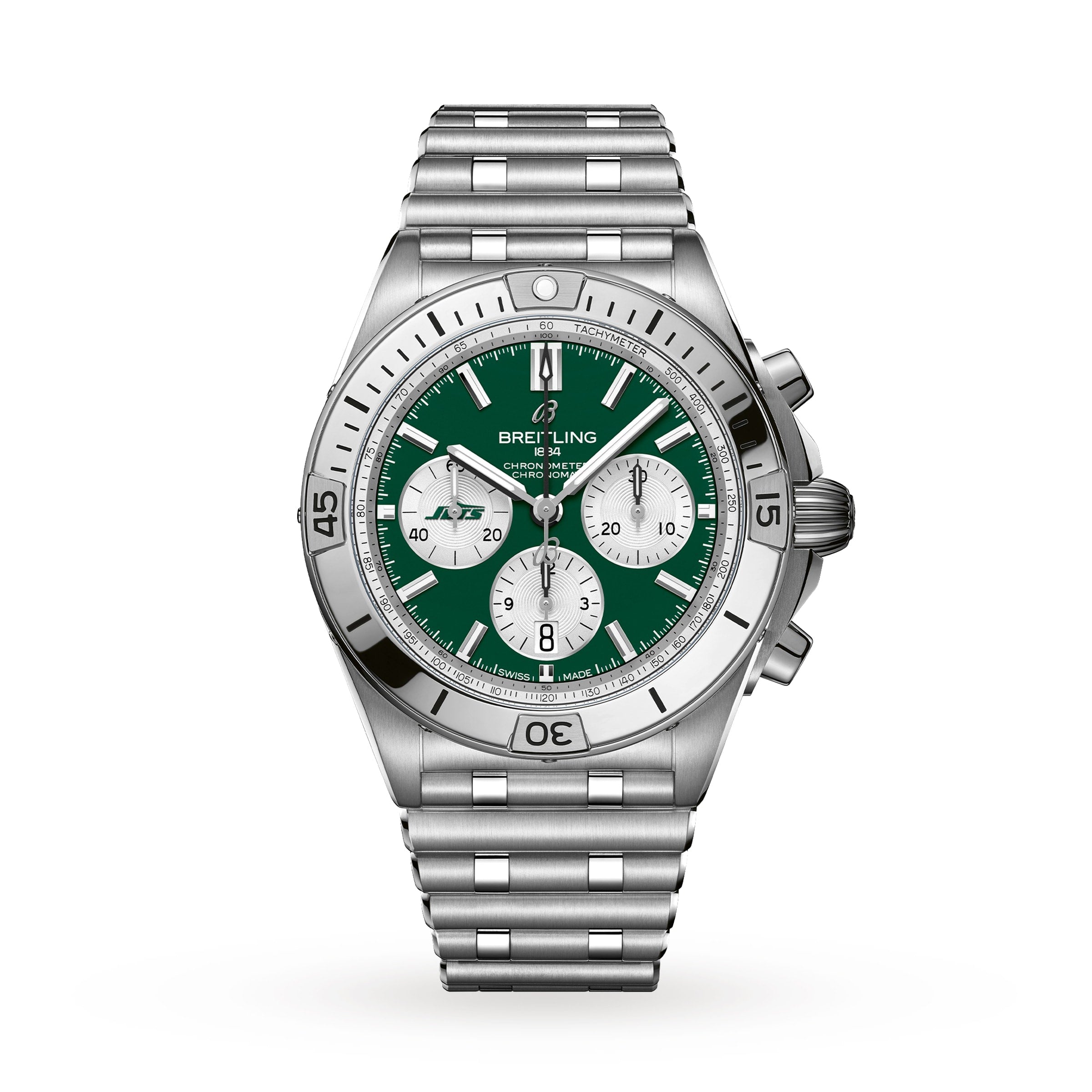 The Breitling Chronomat B01 42 NFL New York Jets Edition features a stainless steel case, green dial with silver chronograph subdials, and comes on a metal bracelet.