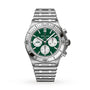 The Breitling Chronomat B01 42 NFL New York Jets Edition features a stainless steel case, green dial with silver chronograph subdials, and comes on a metal bracelet.