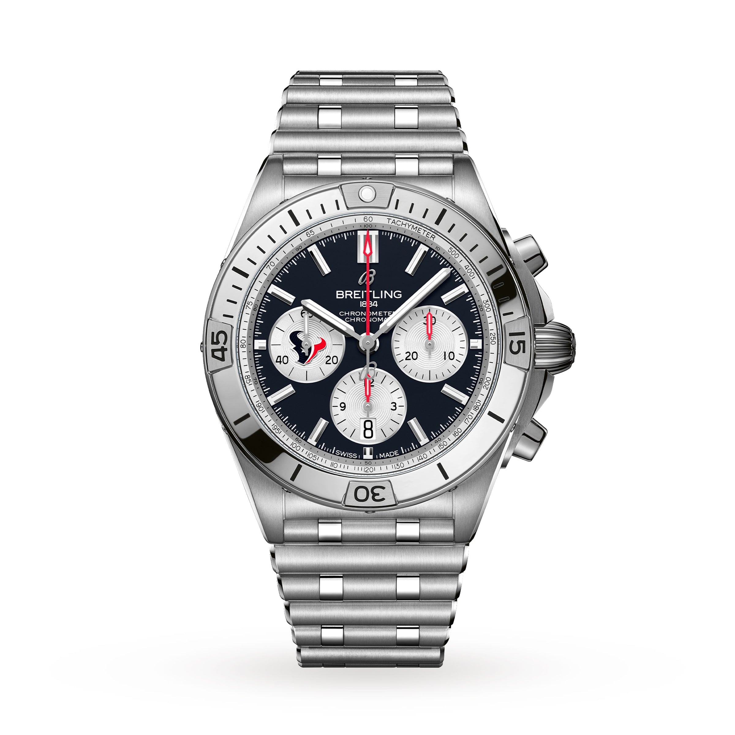 The Breitling Chronomat B01 42 NFL Houston Texans Edition features a silver chronograph case, black dial with three subdials, and a metal link bracelet.
