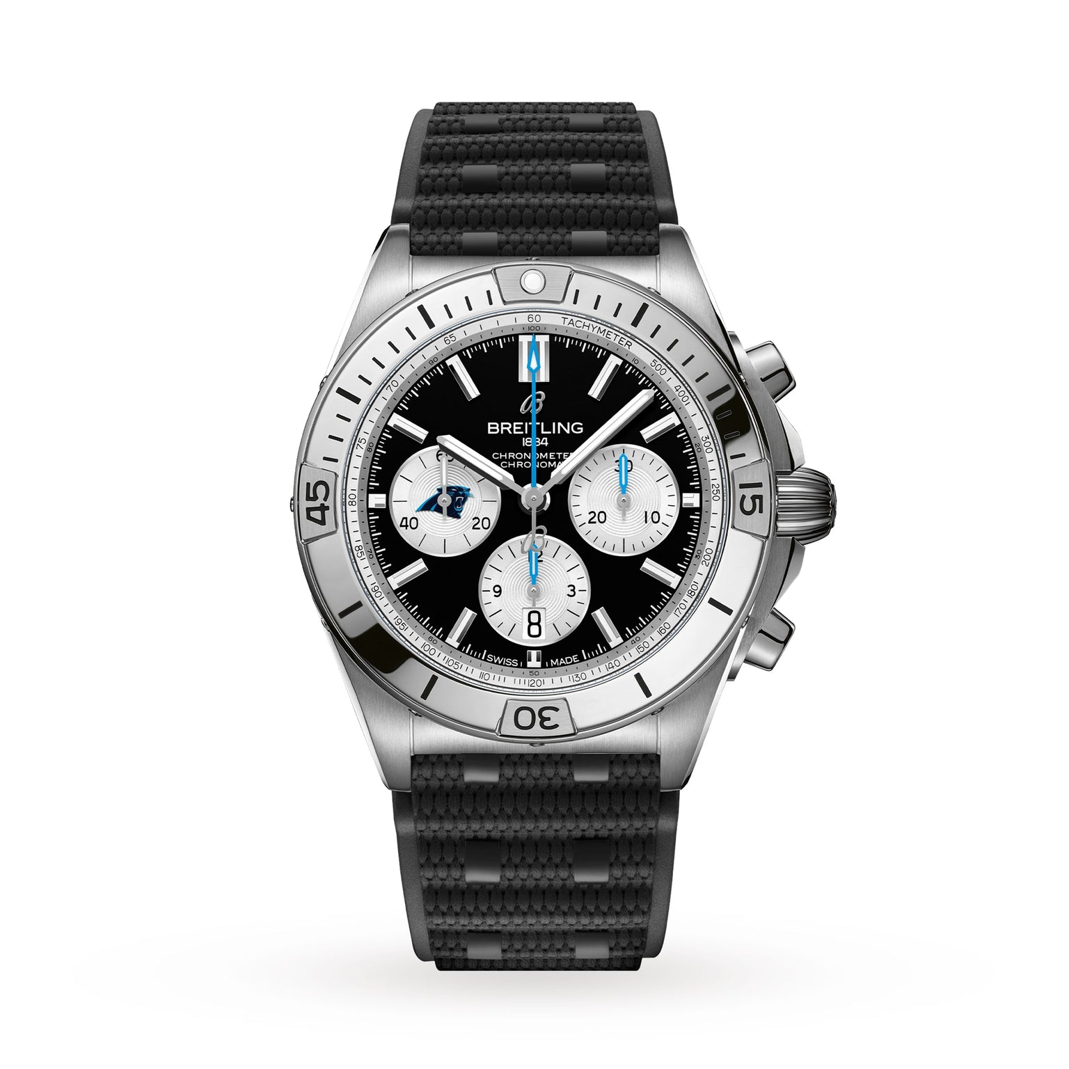 The Breitling Chronomat B01 42 NFL Carolina Panthers Edition is a silver and black chronograph wristwatch featuring a black textured strap and three subdials.