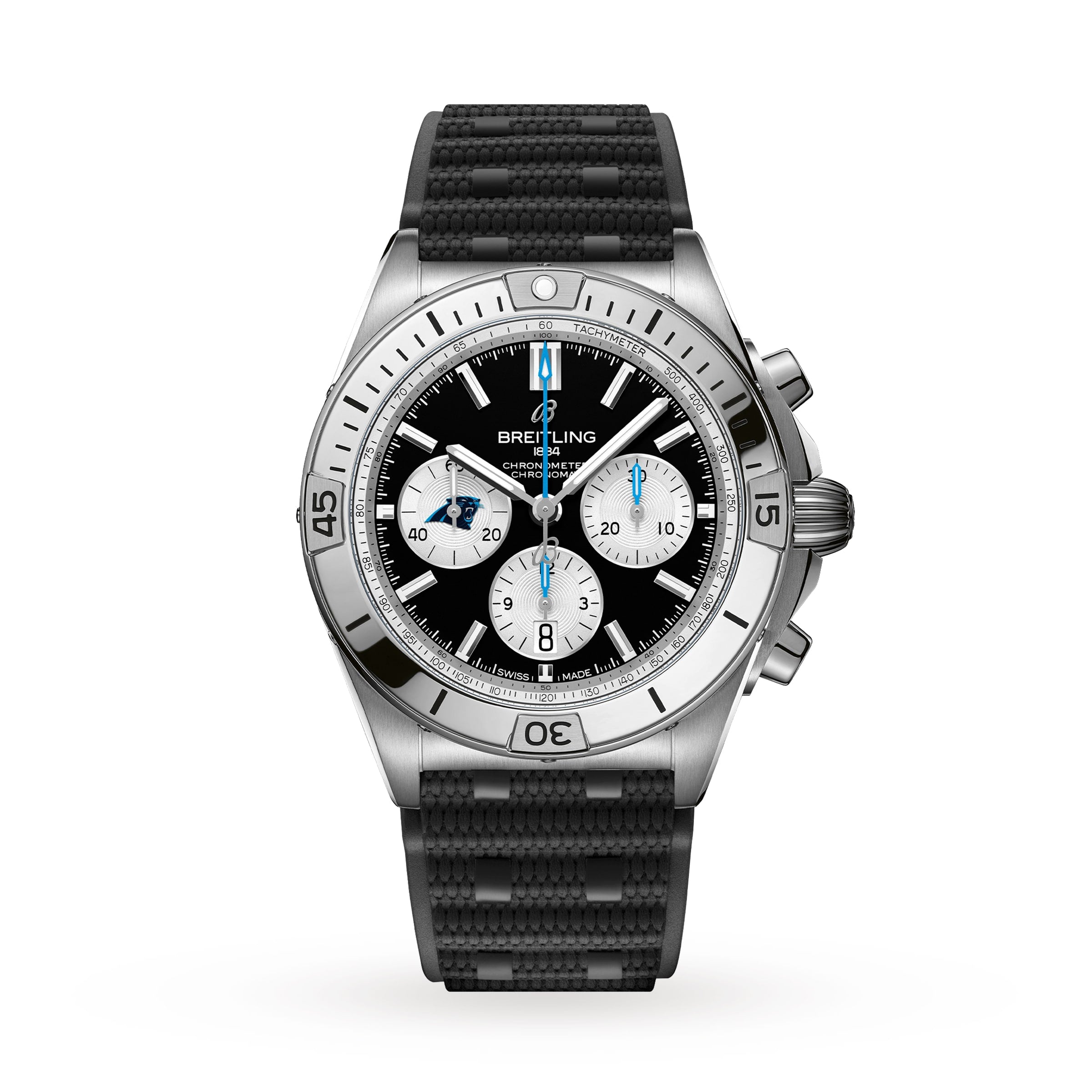 The Breitling Chronomat B01 42 NFL Carolina Panthers Edition is a silver and black chronograph wristwatch featuring a black textured strap and three subdials.