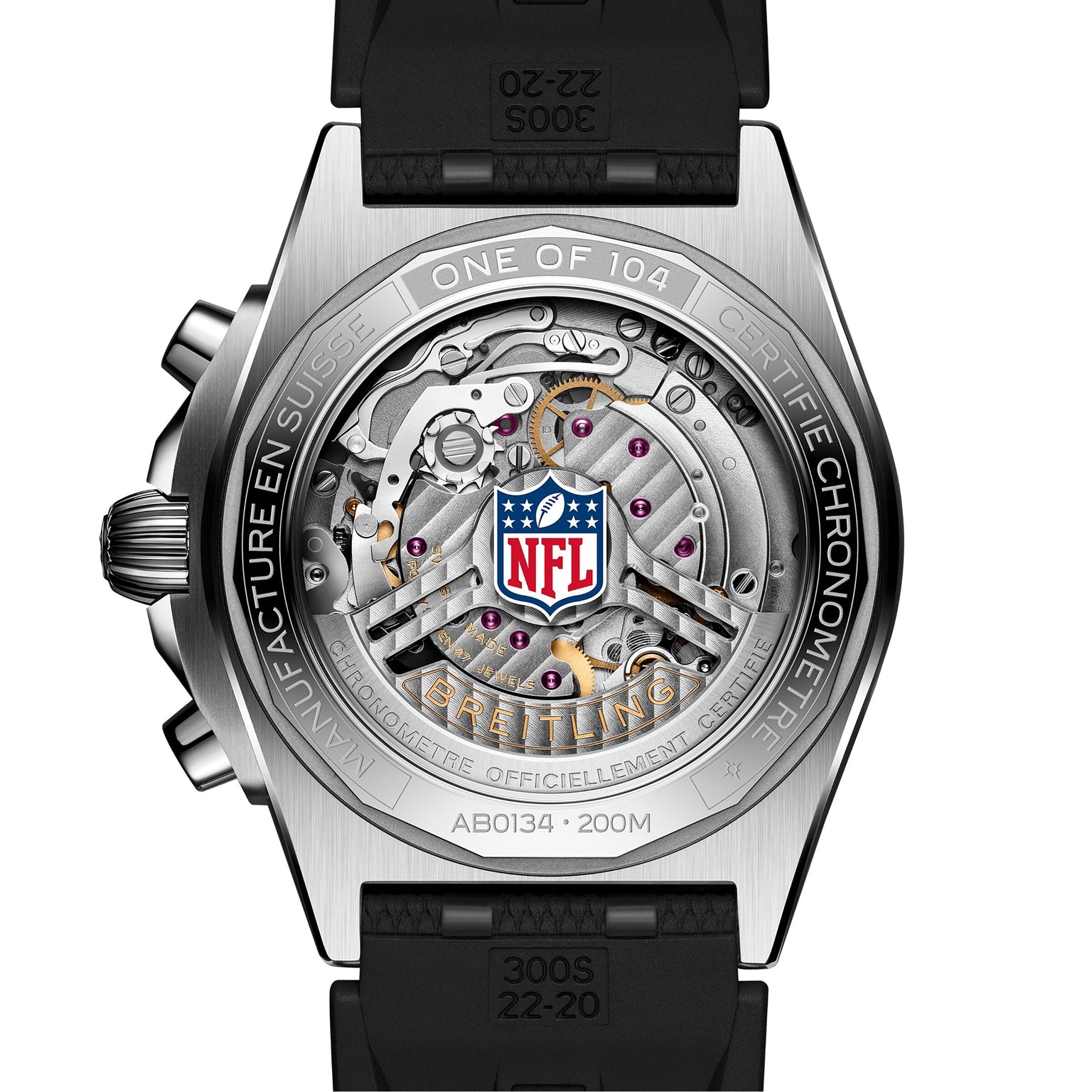Back view of the Breitling Chronomat B01 42 NFL Carolina Panthers Edition, featuring visible mechanical movement and engraved case details.