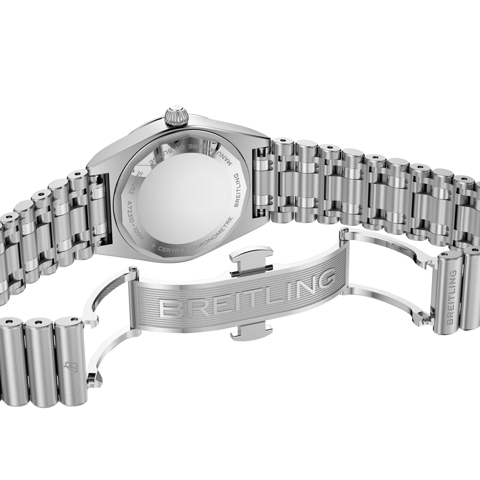 Back view of the Breitling Chronomat 28 in stainless steel, showcasing its engraved clasp and polished case back—a signature of its precise SuperQuartz chronometer movement.