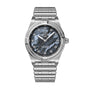 The Breitling Chronomat 28 features a silver metal band, diamond-studded bezel, and black mother-of-pearl dial with lab-grown diamond hour markers.