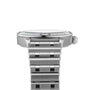 Side view of the Breitling Chronomat 28 wristwatch, featuring a silver round face, lab-grown diamond accents on the bezel, and a segmented metal bracelet band.