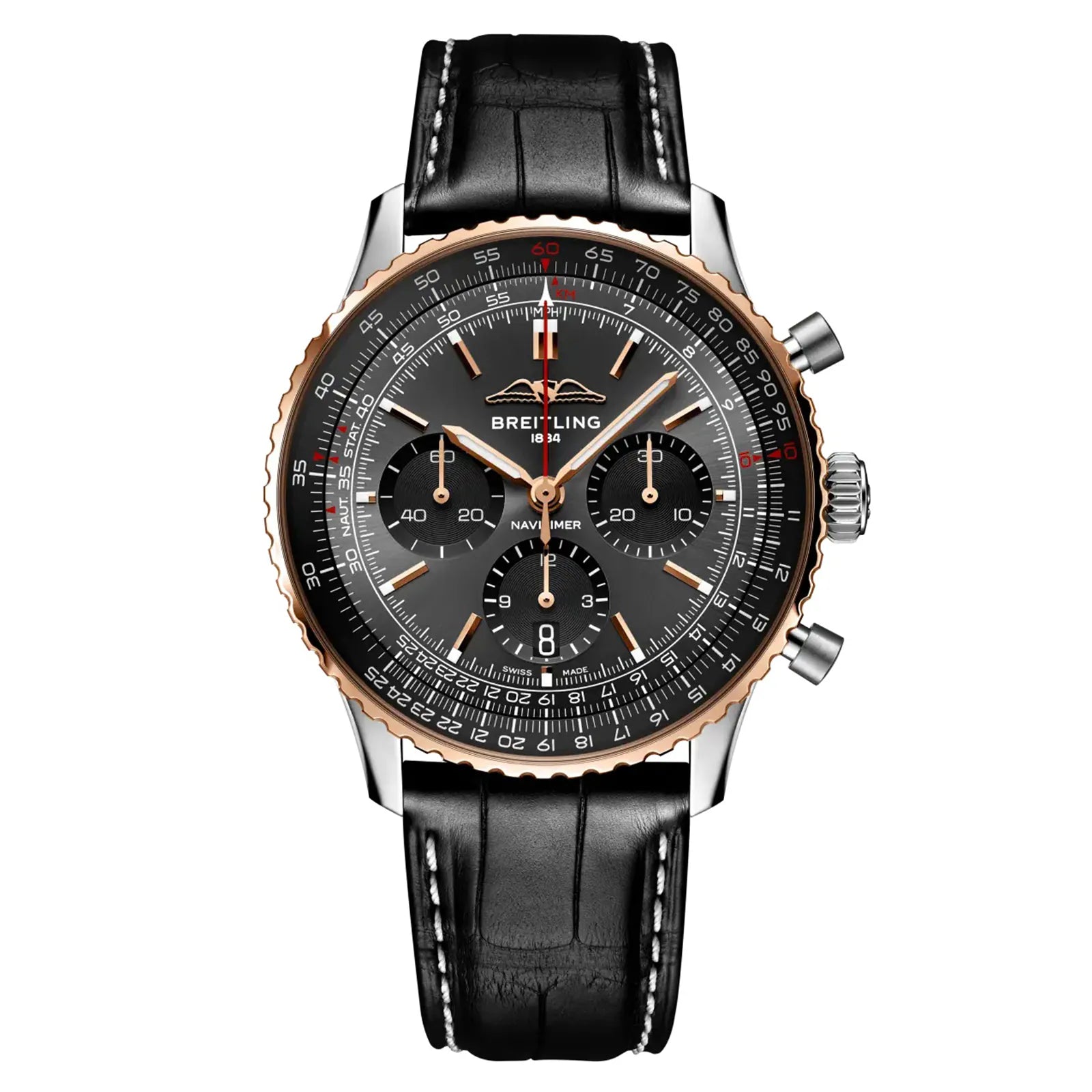 The Breitling Navitimer B01 Chronograph 43mm Limited Edition features a black leather strap, black dial, gold bezel, silver and gold accents, three subdials, and precision chronograph function.