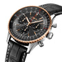 The Breitling Navitimer B01 Chronograph 43mm Limited Edition features a black dial with three subdials, rose gold bezel, silver stainless steel case, and black leather strap with white stitching.