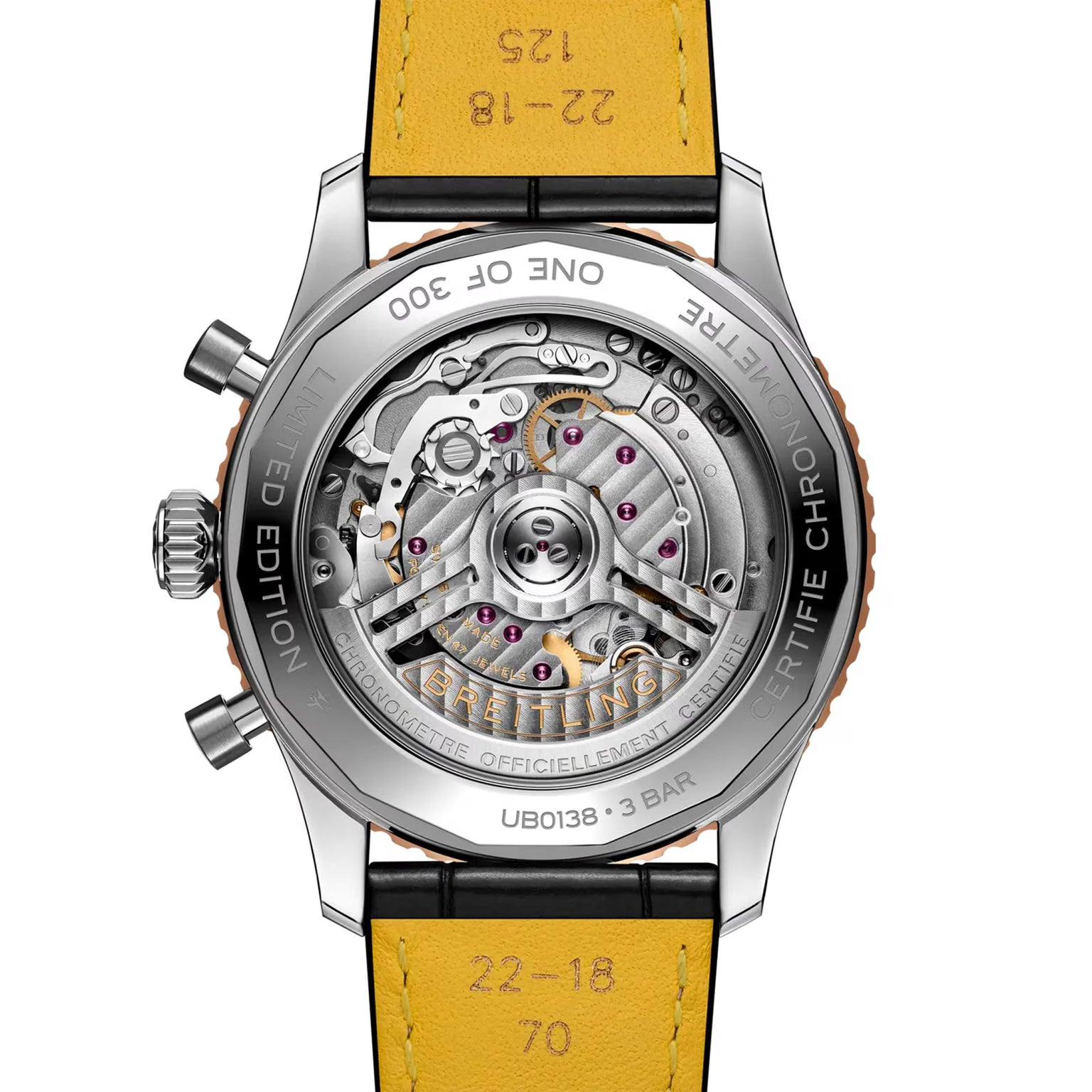 The back of the Breitling Navitimer B01 Chronograph 43mm Limited Edition reveals intricate mechanical gears through a transparent case, while a yellow leather strap and engraved edge details evoke classic pilot's chronograph style.