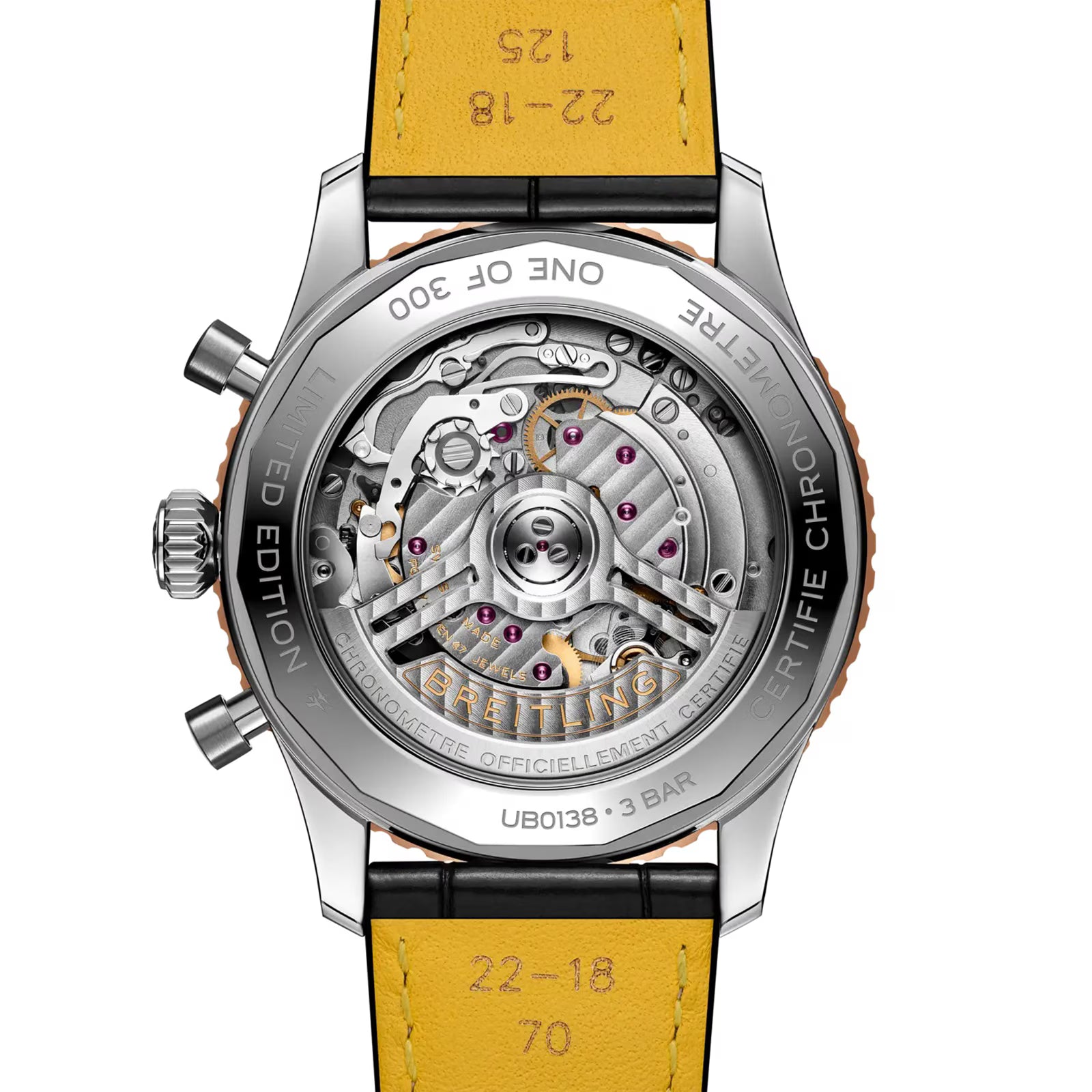 The back of the Breitling Navitimer B01 Chronograph 43mm Limited Edition reveals intricate mechanical gears through a transparent case, while a yellow leather strap and engraved edge details evoke classic pilot's chronograph style.