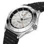 The Breitling Chronomat Automatic GMT Erling Haaland features a silver case, black textured strap, and a patterned white dial showing the time.