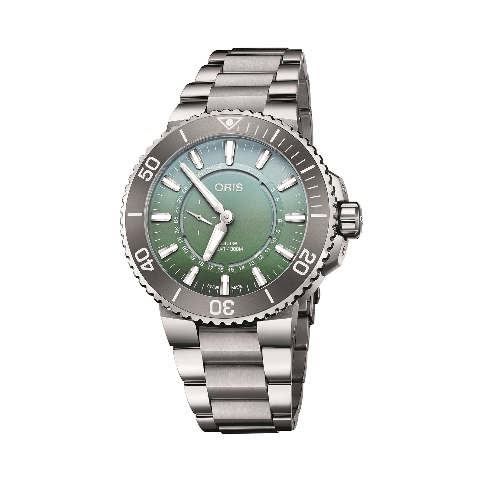 The Oris Dat Watt Limited Edition II is a stainless steel watch with a gradient green dial, silver hour markers, rotating bezel, and metal bracelet, inspired by the Wadden Sea and shown at an angle on a white background.