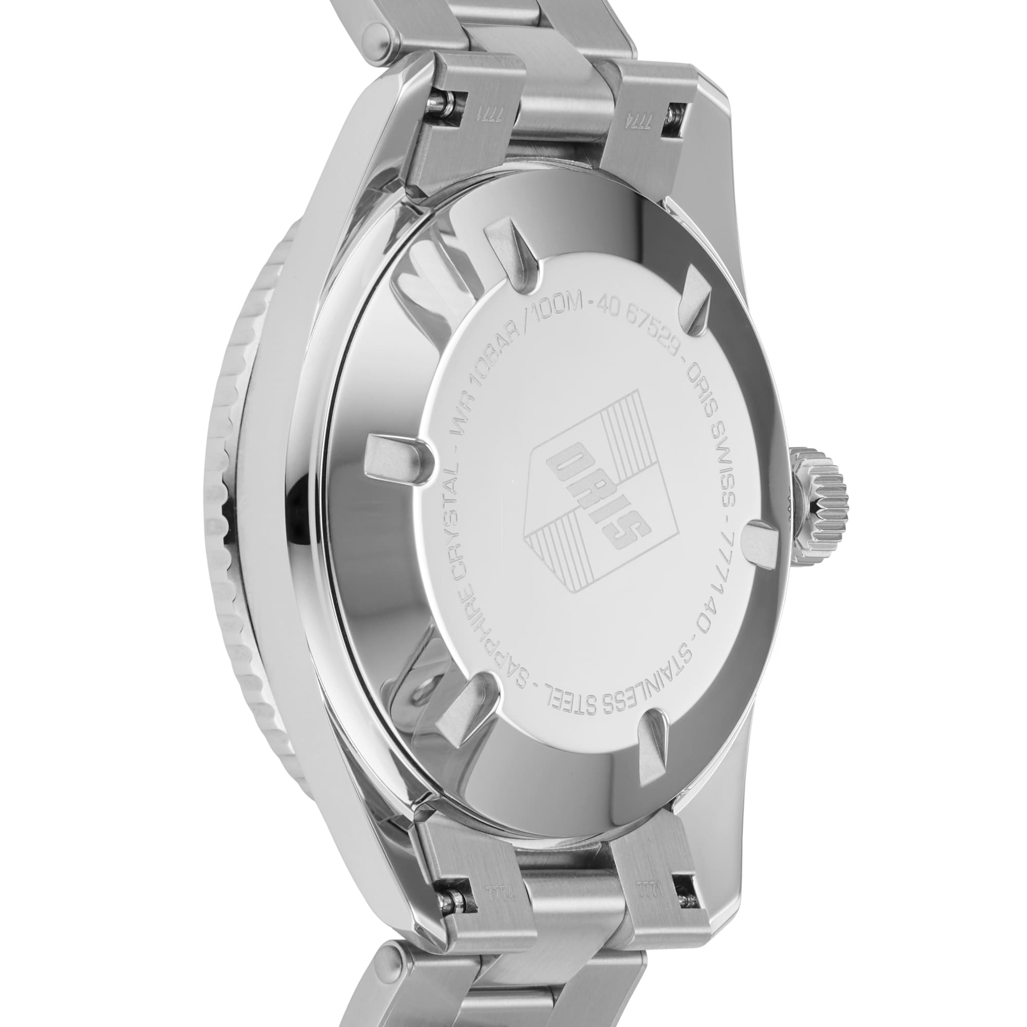 Close-up of the back of an Oris Divers Sixty‑Five Cotton Candy wristwatch, featuring engraved details and a stainless steel bracelet.