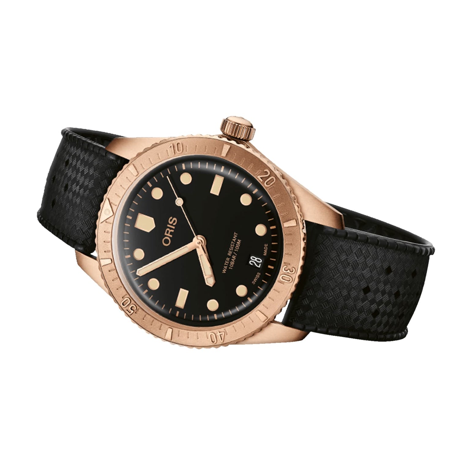 The Oris Divers Sixty‑Five Date is a gold wristwatch featuring a black textured strap and a black dial with gold markers.