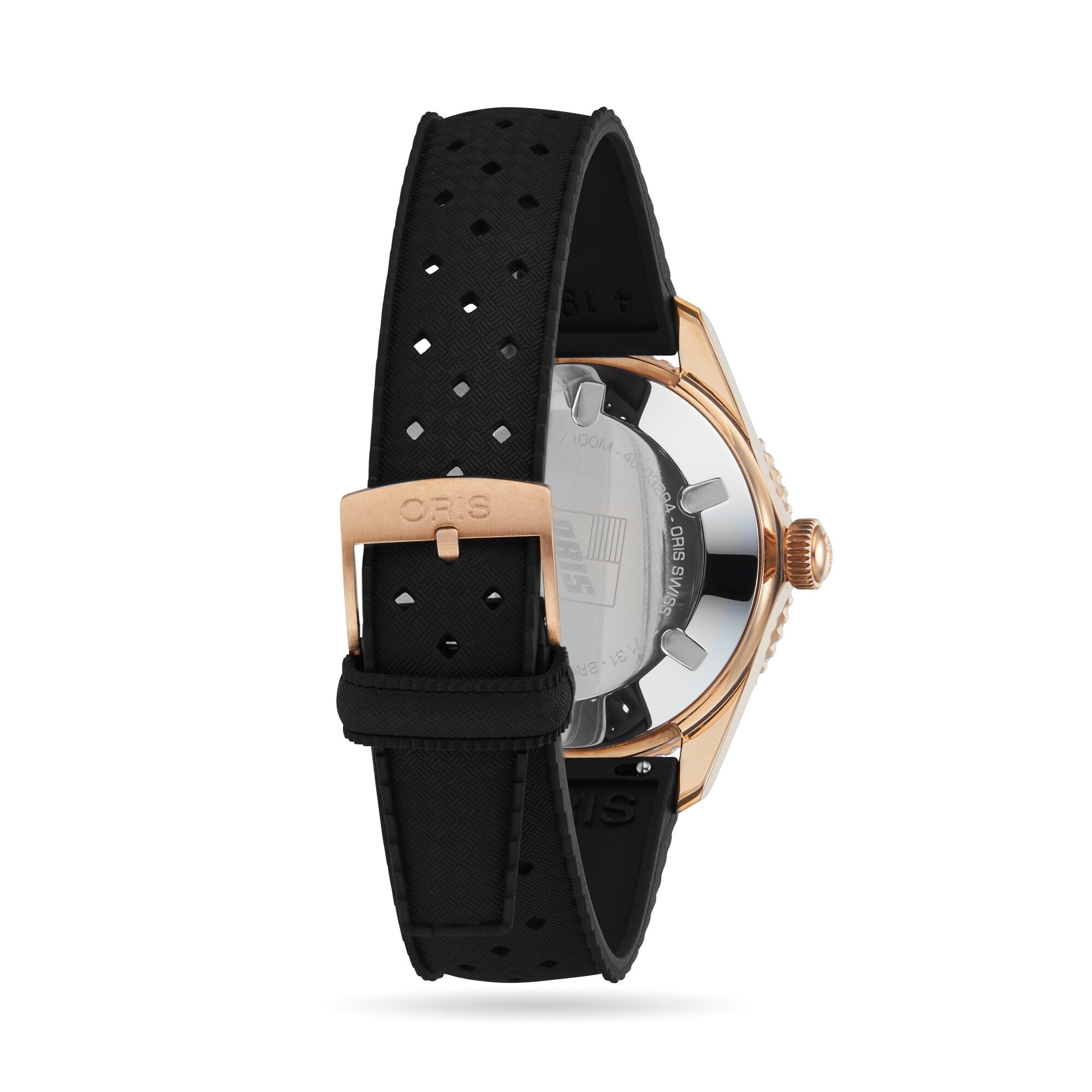 Back view of the Oris Divers Sixty‑Five Date wristwatch featuring a black perforated strap and a rose gold case and buckle, shown on a white background.