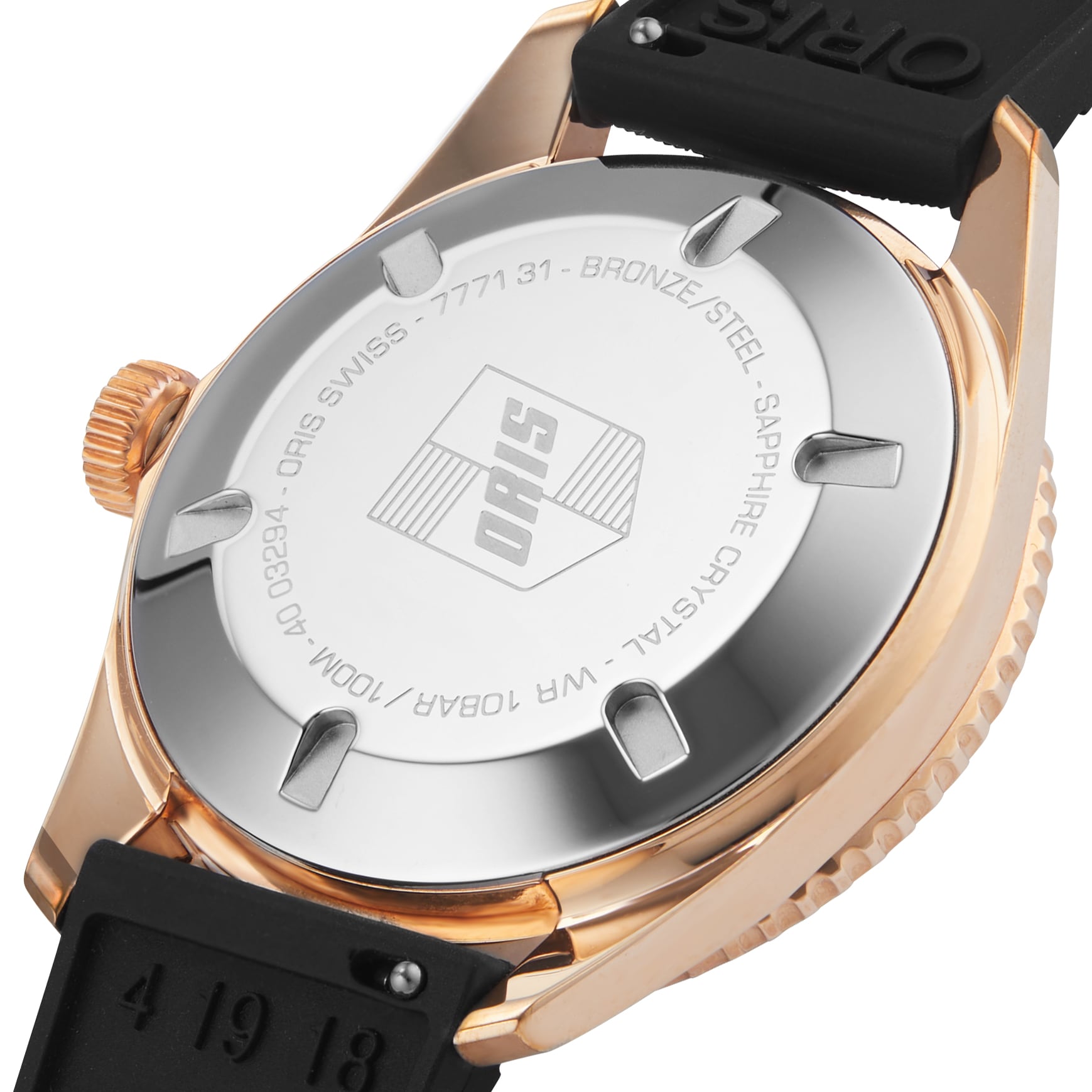 Close-up of the Oris Divers Sixty-Five Date wristwatch back engraved with brand and specs, showing a black strap and rose gold case.