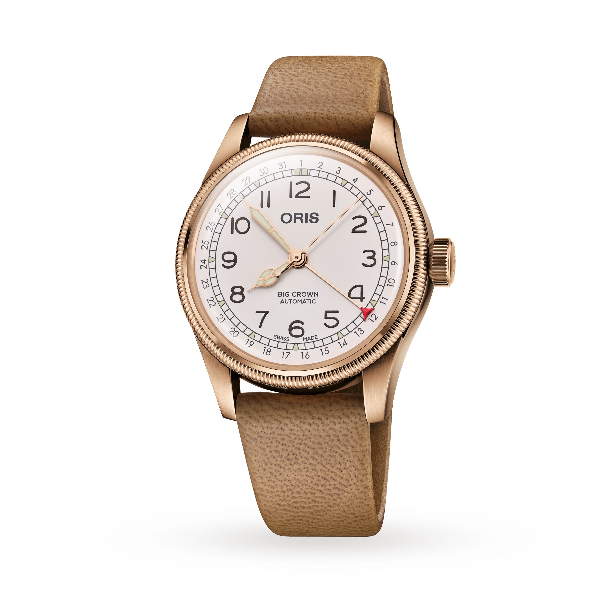 The Oris Big Crown Father Time Limited Edition features a bronze case, white dial with Arabic numerals, and a tan leather strap—highlighting Oriss enduring quality and mechanical watchmaking expertise.