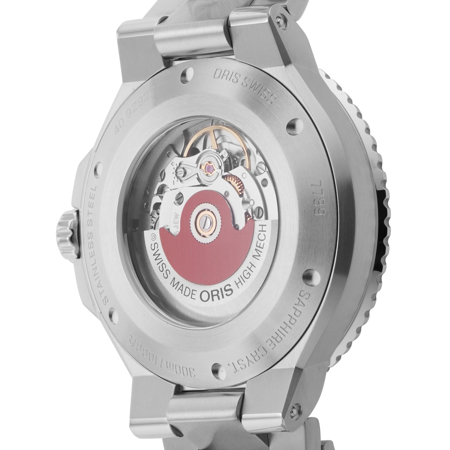 Close-up of the Oris Aquis Date Upcycle’s back, featuring a transparent case that showcases its automatic movement—highlighting Oris’s precision engineering in this standout diving watch.